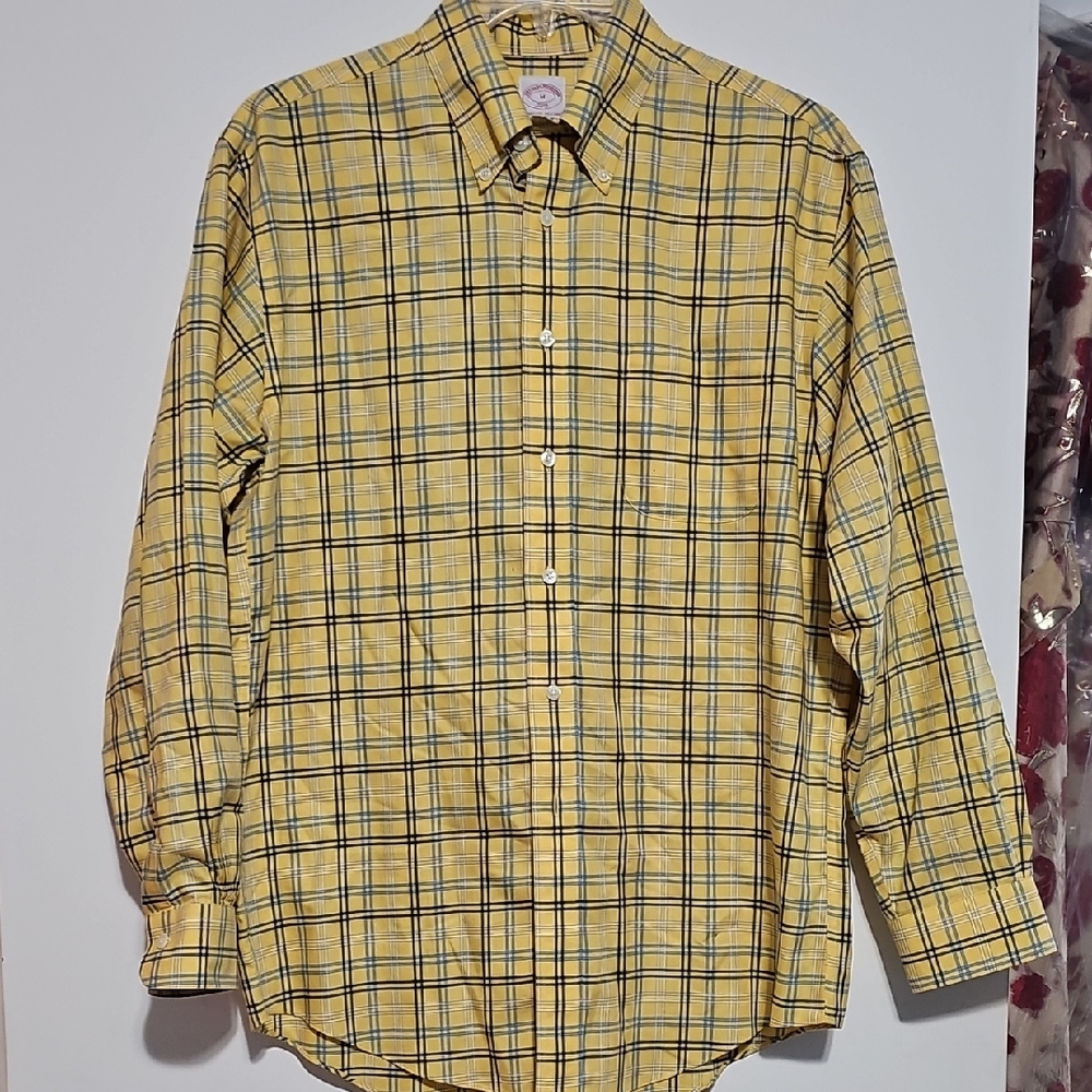 Brooks Brothers Yellow and Blue Plaid Shirt Sz Medium No Iron All Cotton